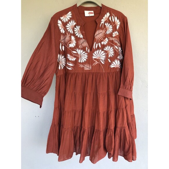 Anthropologie Samant Chauhan Dress M Embroidered Tiered Mini Babydoll Spice Boho - Picture 11 of 15